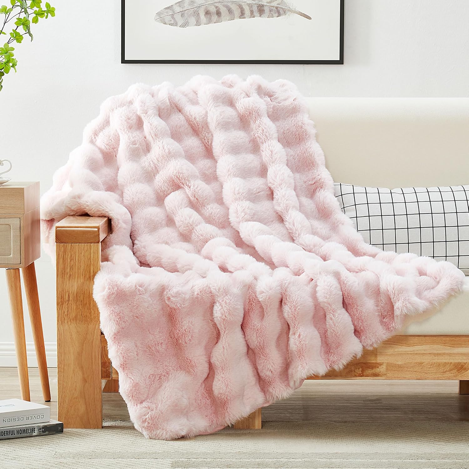 JONIYEAR Soft Fuzzy Bubble Faux Rabbit Fur Throw Blanket for Couch 50" x 60", Double Sided Textured Warm Fluffy Blanket for Winter, Luxury Cozy Puffy Shaggy Comfy Furry Blankets for Couch, Cream White