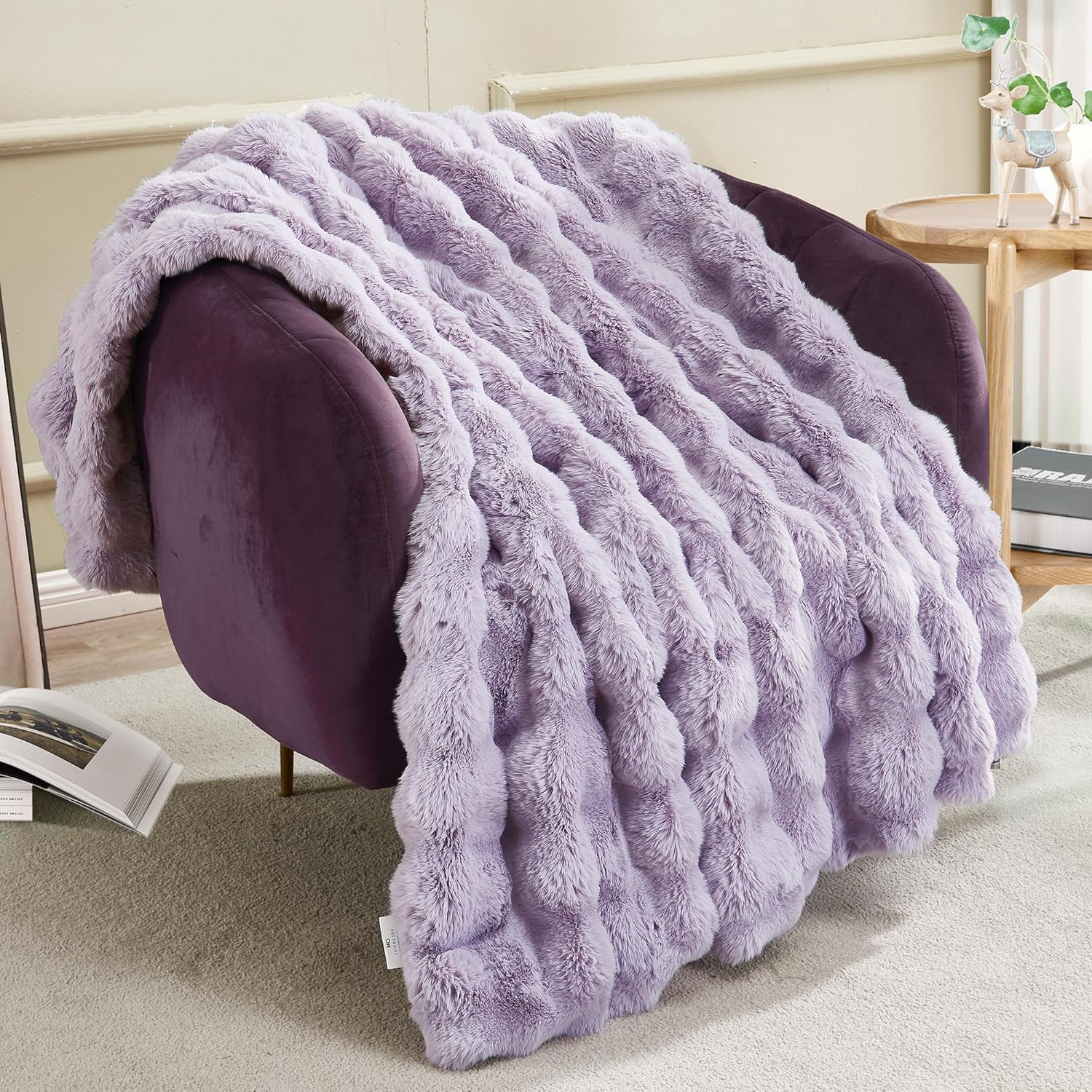 JONIYEAR Soft Fuzzy Bubble Faux Rabbit Fur Throw Blanket for Couch 50" x 60", Double Sided Textured Warm Fluffy Blanket for Winter, Luxury Cozy Puffy Shaggy Comfy Furry Blankets for Couch, Cream White