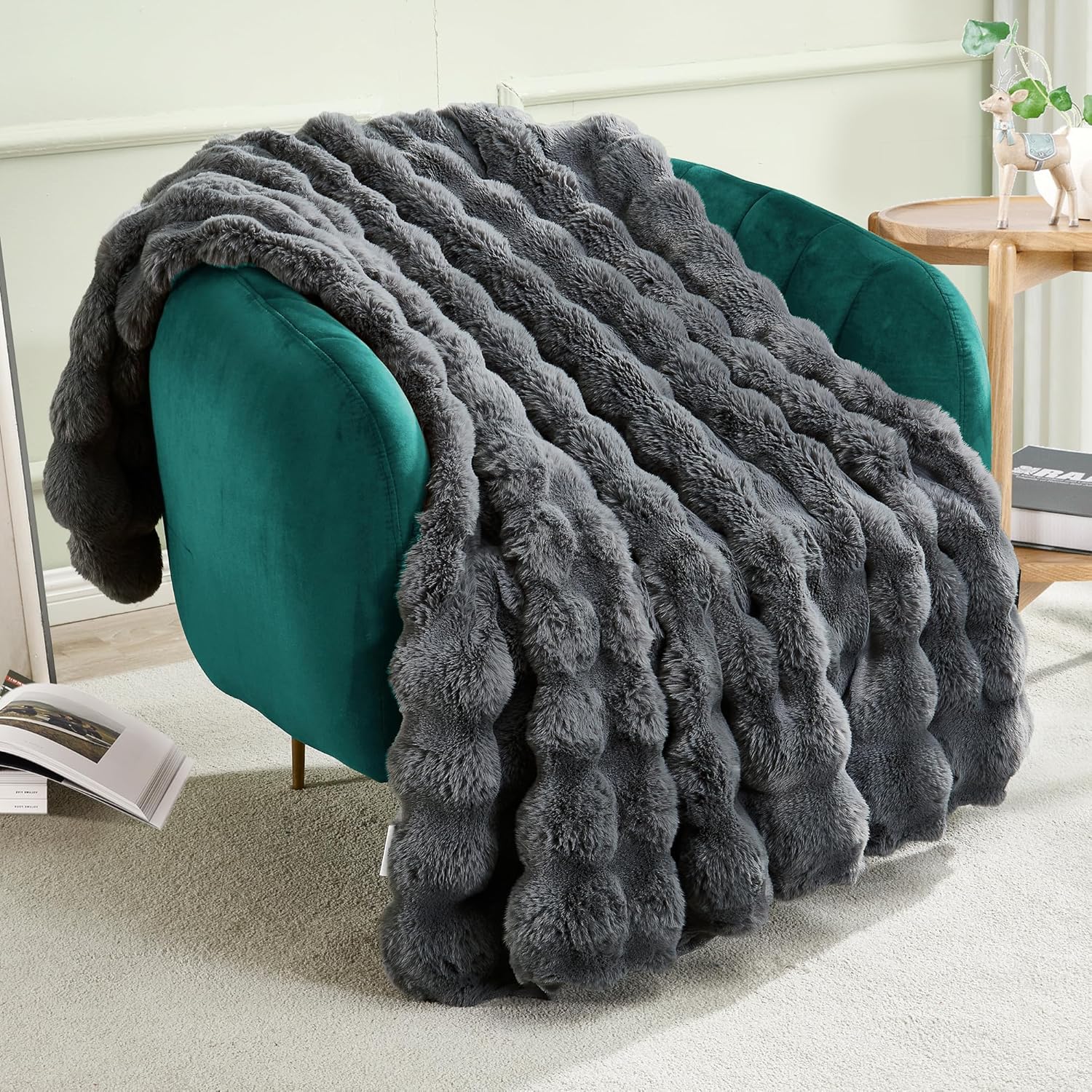 JONIYEAR Soft Fuzzy Bubble Faux Rabbit Fur Throw Blanket for Couch 50" x 60", Double Sided Textured Warm Fluffy Blanket for Winter, Luxury Cozy Puffy Shaggy Comfy Furry Blankets for Couch, Cream White